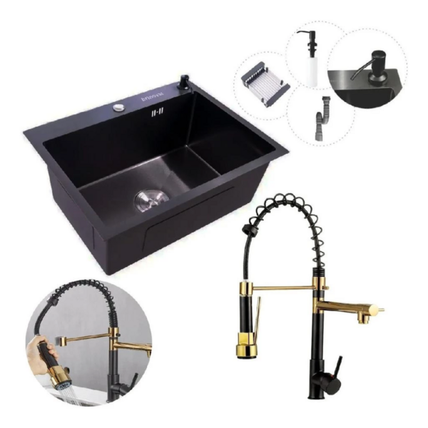 Cuba Pia Inox Preta Quadrada Gourmet + Torneira Flexível