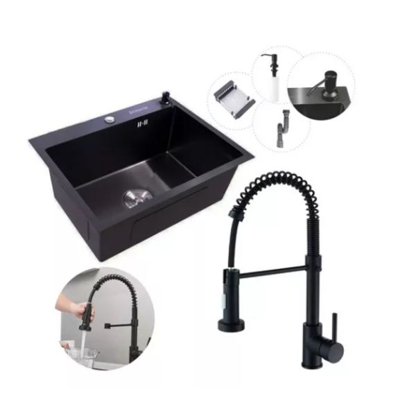 Cuba Pia Inox Quadrada Cozinha + Torneira Flexivel Preta