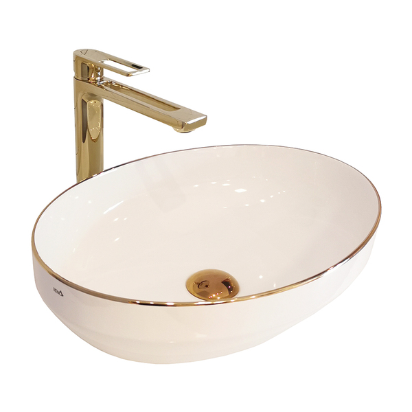 Cuba Pia Para Banheiro De Apoio Branca E Dourada Cerâmica Ren