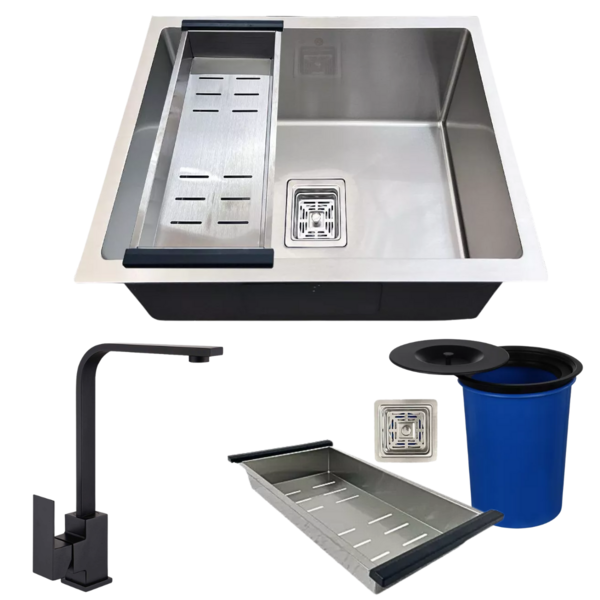 Cuba Quadrada Inox 304 Torneira Monocomando Preta E Lixeira