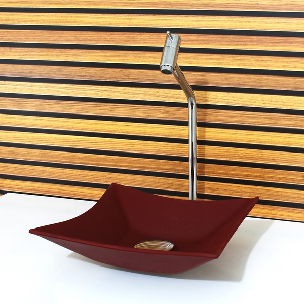 Cuba Vidro Quadrada 34cm Vermelho Fosco Com Torneira E Valvula