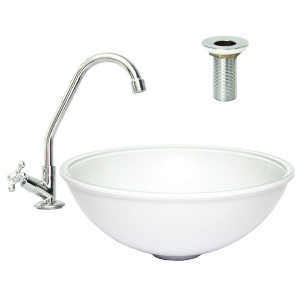 Cuba Vidro Sobrepor Branca + Válvula Metal + Torneira Borbole