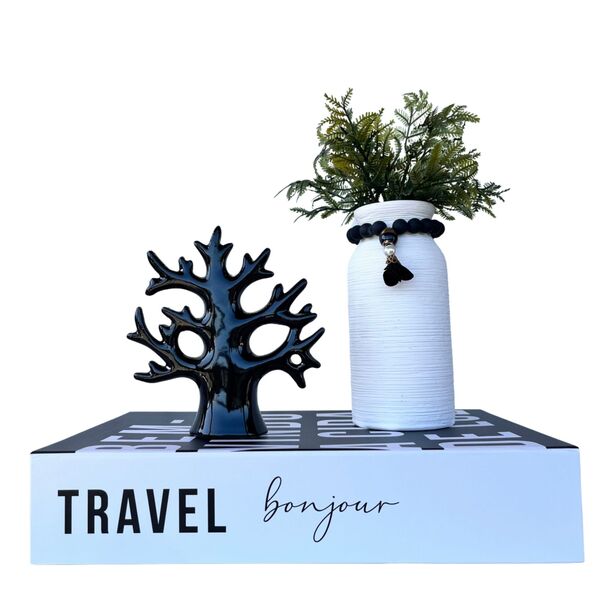 Decoração 3 Peças Livro Caixa, Vaso Branco E Enfeite Árvore