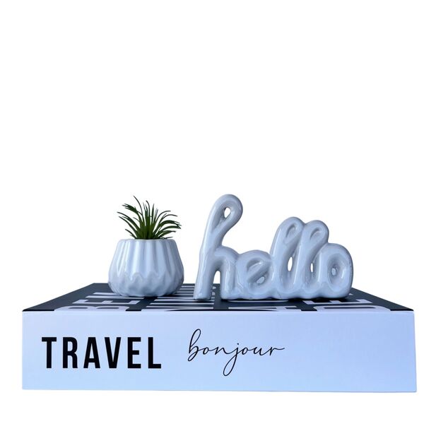 Decoração 3 Peças Livro, Mini Vaso Branco E Palavra Hello