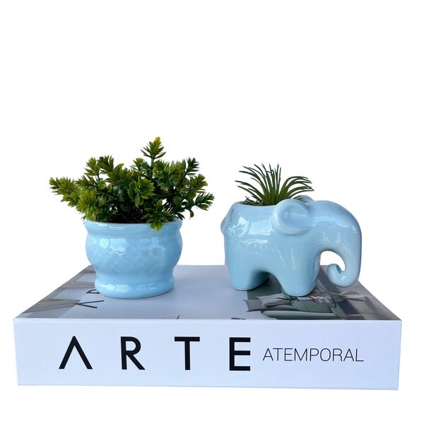 Decoração 3 Peças Livro, Vaso Azul E Escultura Elefante