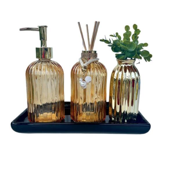Decoração Bandeja + Vaso Dourado + Difusor + Porta Sabonete