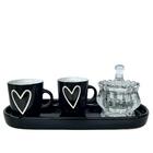 Decoração Bandeja Preta + Potiche Cristal + Dupla Xícara