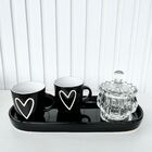 Decoração Bandeja Preta + Potiche Cristal + Dupla Xícara