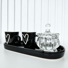 Decoração Bandeja Preta + Potiche Cristal + Dupla Xícara