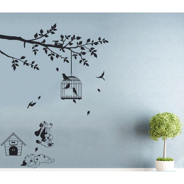 Decoração De Parede Arvore E Pássaros E Cachorros Para Sala