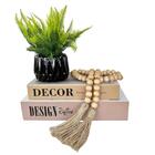 Decoração Dupla Livro + Vaso Cachepô Preto E Enfeite Colar