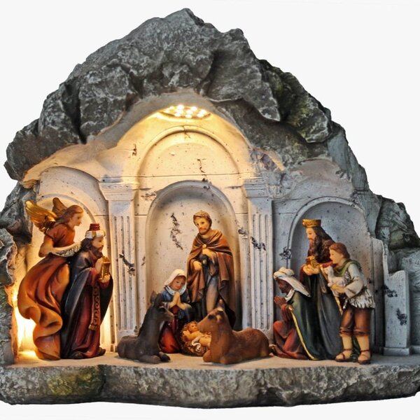 Decoração Enfeite Natal Resina Presépio 10 Led Natalino 30cm