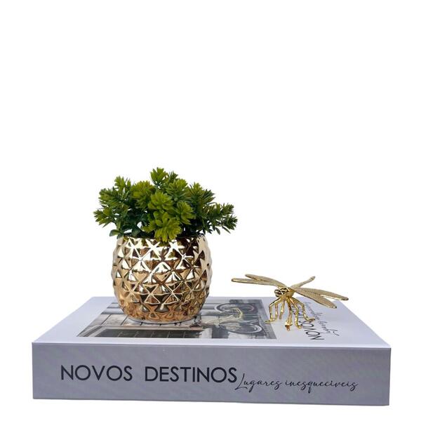 Decoração Livro Caixa + Vaso Dourado + Escultura Libélula