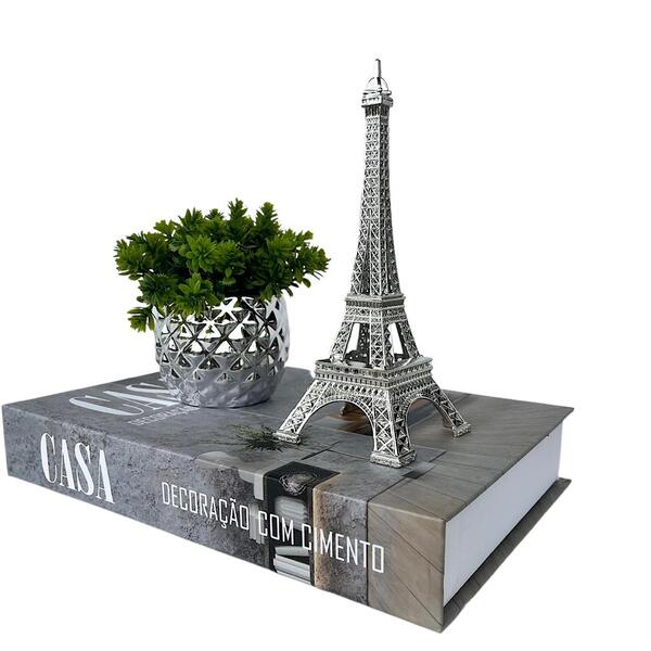 Decoração Livro Caixa Fake + Vaso Prata + Torre Eiffel Decor
