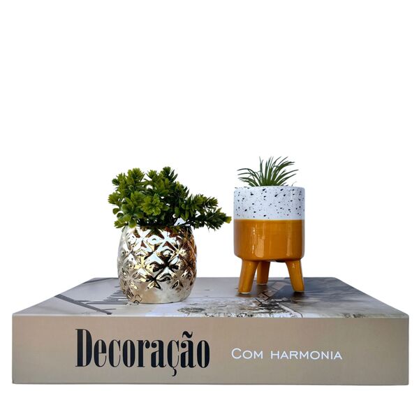 Decoração Livro Fake + Vaso Dourado + Vaso Tripé Bolinha
