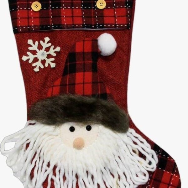 Decoração Natal Bota Meia Xadrez Papai Noel Natalino 49cm