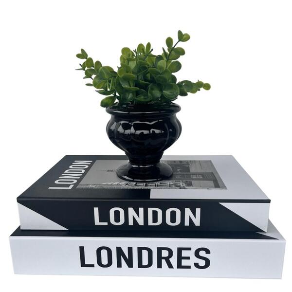 Decoração Quarto Dupla Livro Fake + Vaso Taça Preto Decor