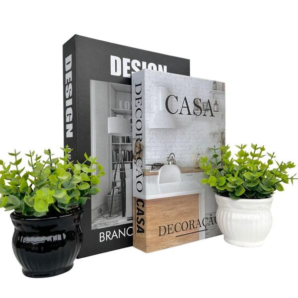 Decoração Sala Dois Livros Decor + Dupla Vaso Branco Preto