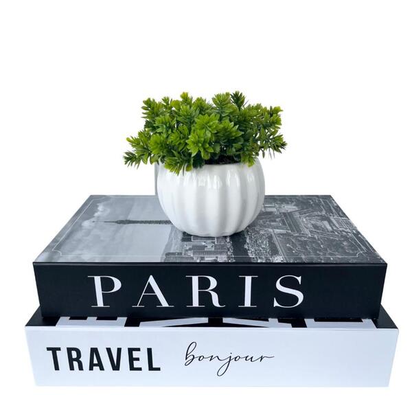 Decoração Sala Dupla Livro Fake + Vaso Cachepô Branco Decor