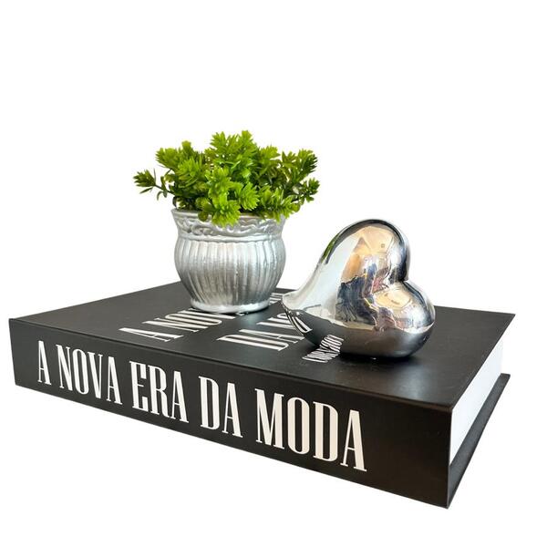 Decoração Sala Livro Caixa + Vaso Metálico + Enfeite Coração