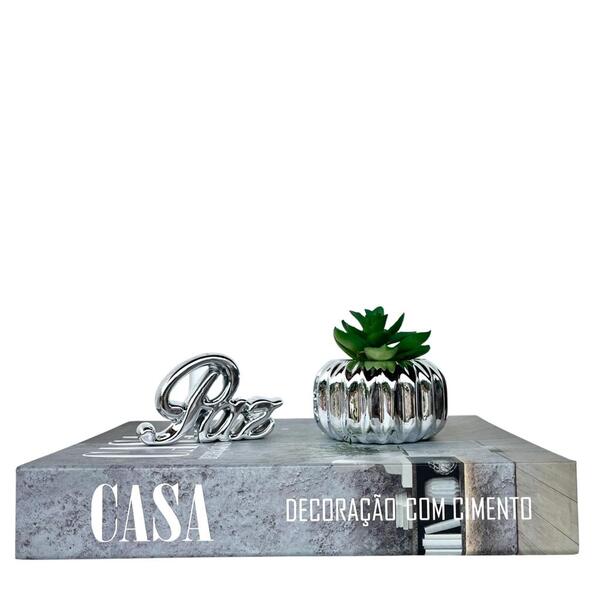 Decoração Sala Livro Casa + Vaso Prata + Enfeite Palavra Paz