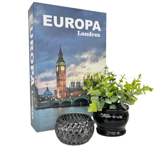 Decoração Sala Livro Europa + Vaso Preto + Castiçal Fumê