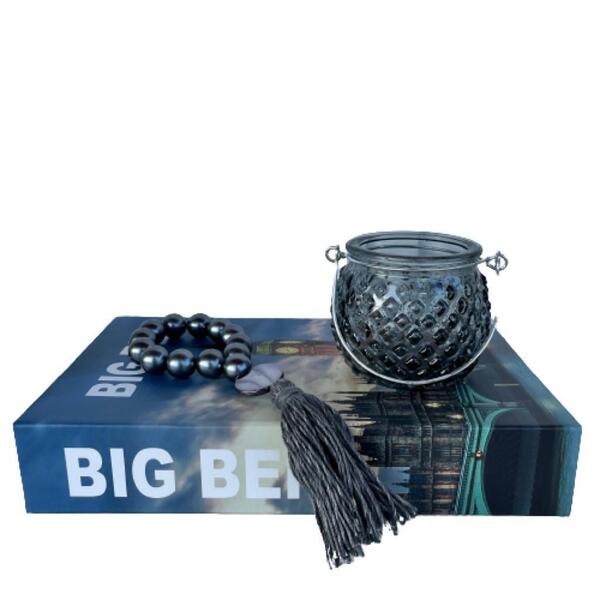 Decoração Sala Livro Fake + Castiçal Vidro + Colar Japamala