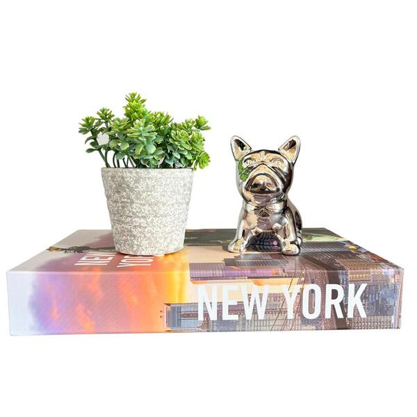 Decoração Sala Livro Fake + Vaso Cimento + Enfeite Bulldog