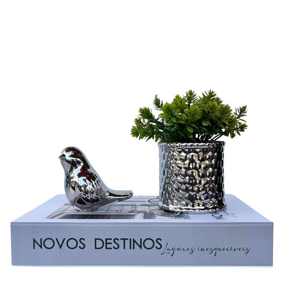 Decoração Sala Livro Fake + Vaso Geométrico + Pássaro Prata