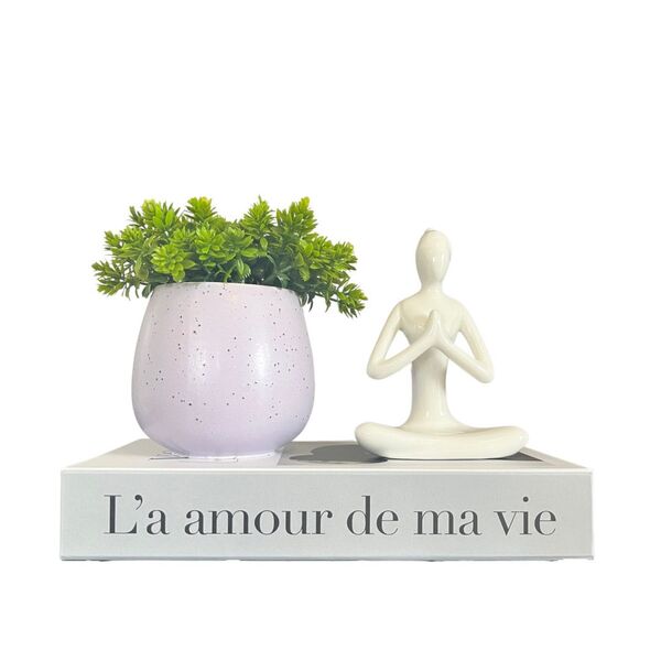 Decoração Sala Livro Fake + Vaso Lilás + Mulher Meditando