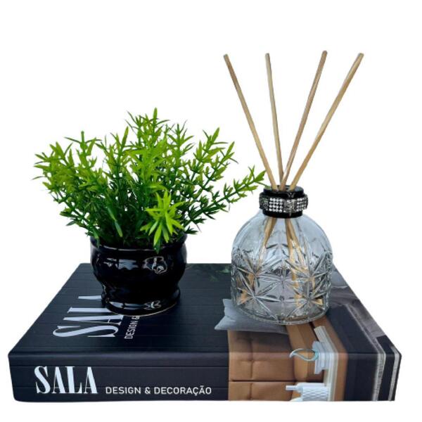 Decoração Sala Livro Fake + Vaso Preto + Difusor De Vidro