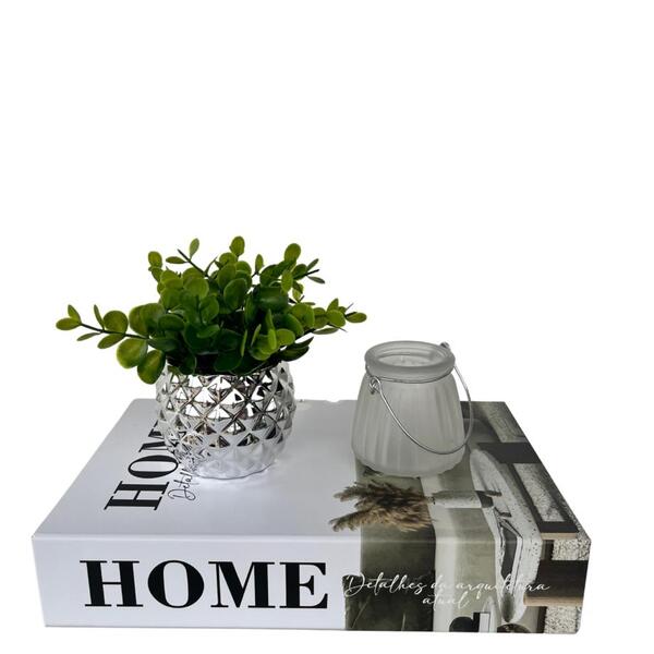Decoração Sala Quarto Livro + Vaso Prata + Castiçal Vidro
