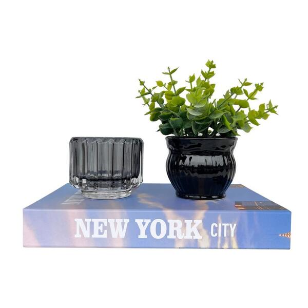 Decoração Sala Rack Livro Azul + Vaso Preto + Castiçal Fumê