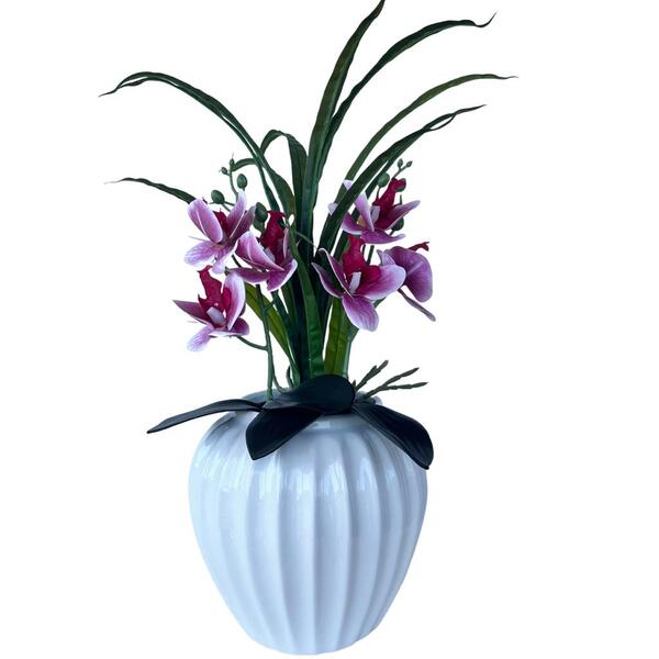 Decoração Sala Vaso Centro De Mesa Branco C/ Orquídea Decor