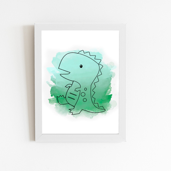 Dinossauro Verde Infantil Quadro Moldura Branca 60x40cm