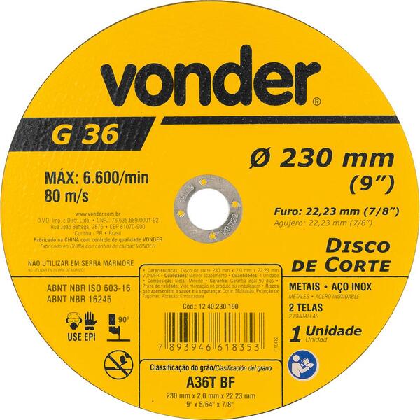 Disco De Corte 230,0x2,0x22,23  - Vonder