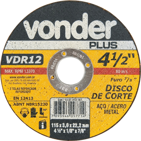 Disco De Corte Para Meta 115 X 3,0 X 22,23 Mm - Vdr12 - Vonder