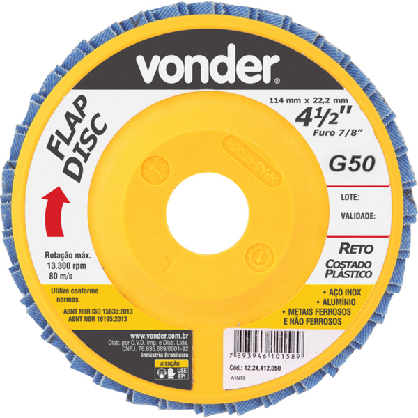 Disco De Lixa Flap Disc Reto 4 1/2" Grão 50 Costado Plástico