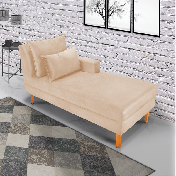 Divã Chaise Chloe 160 Cm Veludo Bege Pés Chanfrado Castanho M
