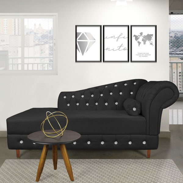 Divã Chesterfield 165 Cm Capitonado Com Strass Suede Preto M1