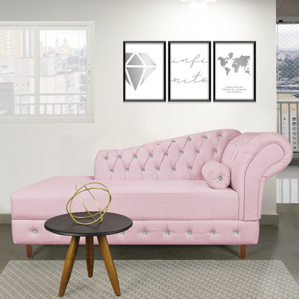Divã Chesterfield 165 Cm Capitonado Com Strass Suede Rosa Beb