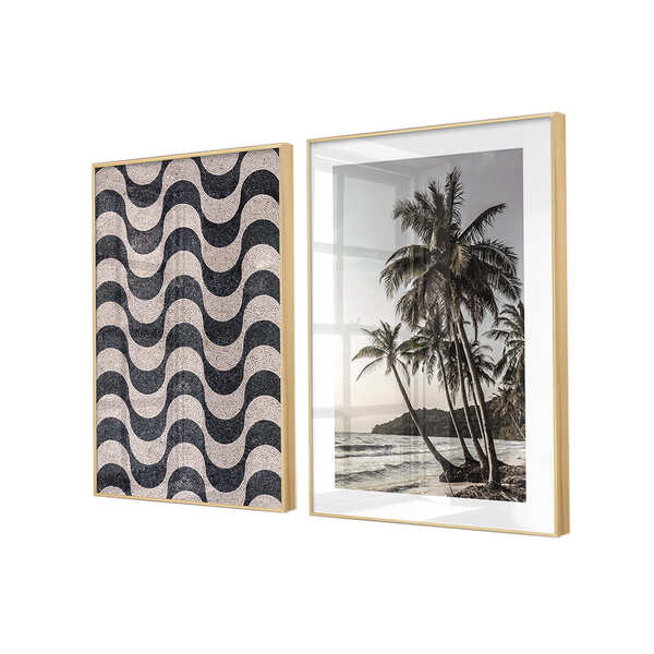 Dois Quadros Decorativos Com Moldura Praia Céu Calçada Sala V