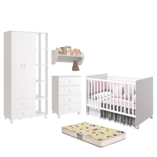 Dormitório Gino Guarda Roupa, Cômoda, Berço Mel, Colchão D18