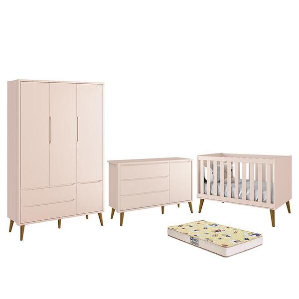 Dormitório Infantil Theo Retrô 3 Portas, Cômoda 1 Porta, Berç