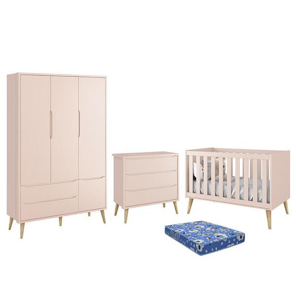 Dormitório Infantil Theo Retrô 3 Portas, Cômoda, Berço Com Pé