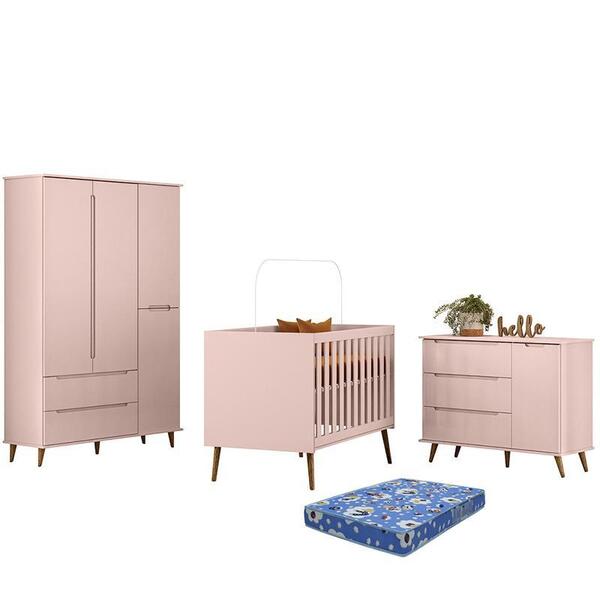 Dormitório Lunna Retrô Guarda Roupa, Cômoda E Berço Com Colch