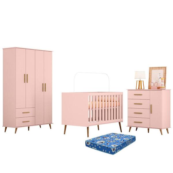 Dormitório Noah Retrô Guarda Roupa, Cômoda E Berço Com Colchã