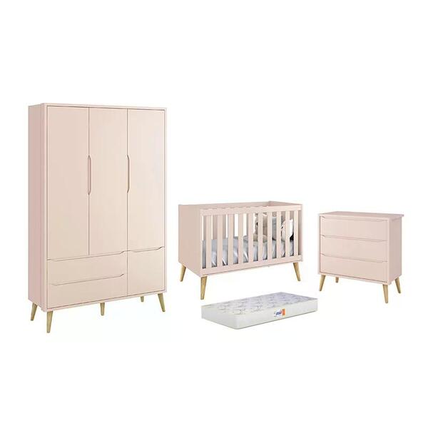 Dormitório Theo 3 Portas, Cômoda 3 Gavetas Com Pés Madeira Na