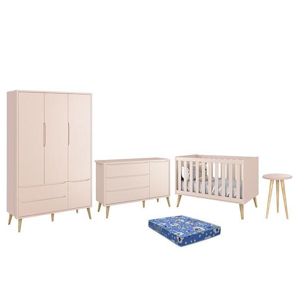 Dormitório Theo Retrô 3 Portas, Cômoda 1 Porta, Berço, Mesa D