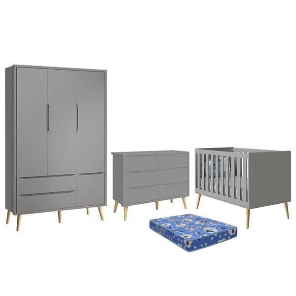 Dormitório Theo Retrô 3 Portas, Cômoda 6 Gavetas, Berço Com P